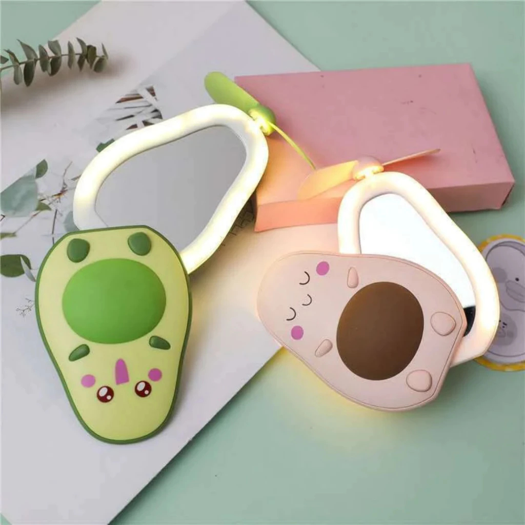 3 em 1 Mini Espelho Compacto Portátil De Abacate Ventilador de Viagem Luz Noturna LED