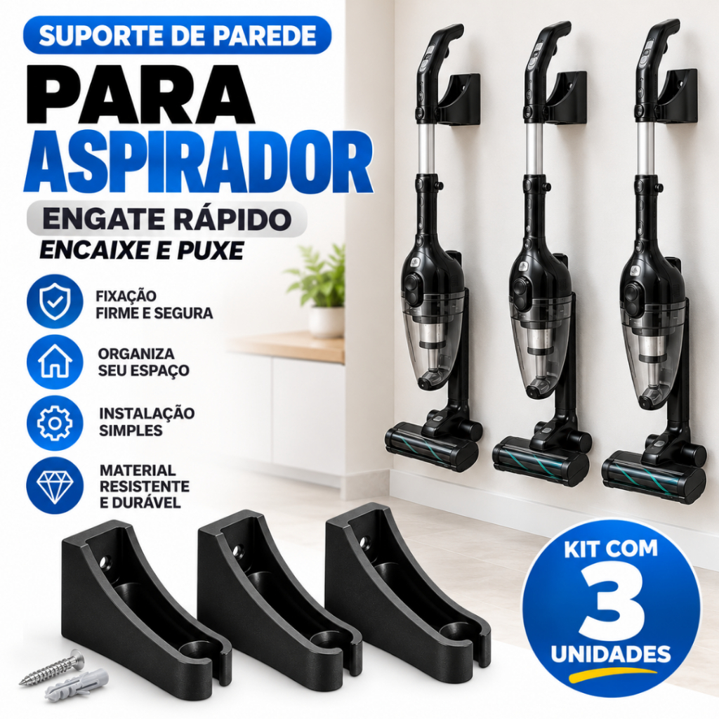 kit com 3 un suporte de parede para aspirador de po vertical | mop | rodo | preto compativel com diversas marcas