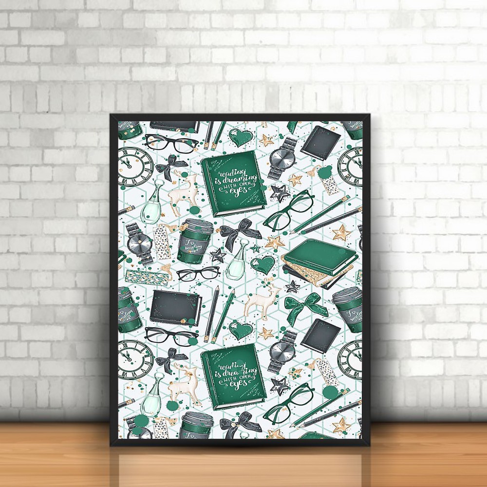 Quadro Pattern Estudante Escola Livros com Moldura 30x40cm