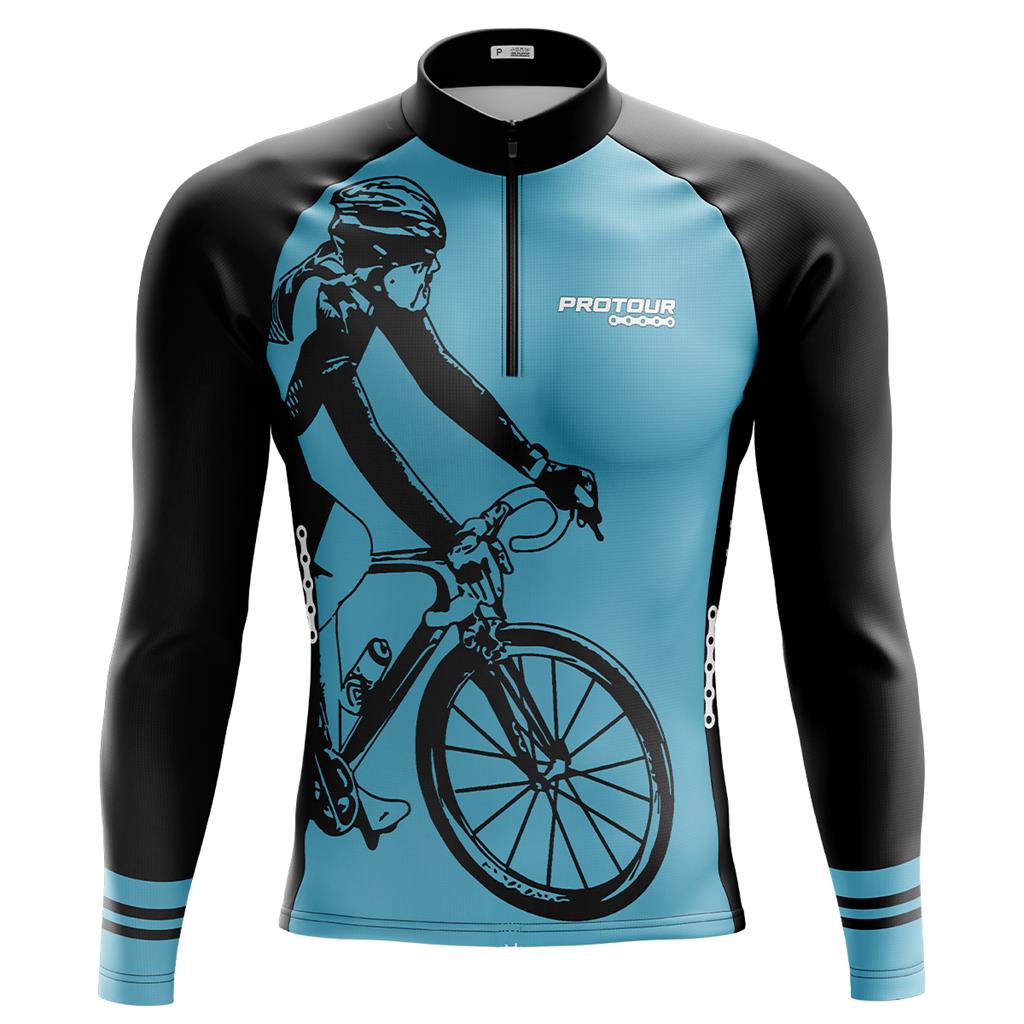 Camisa Ciclismo Camiseta Ciclista Roupa Masculina Manga Longa Pro Tour Bike Azul Com Bolsos UV 50+