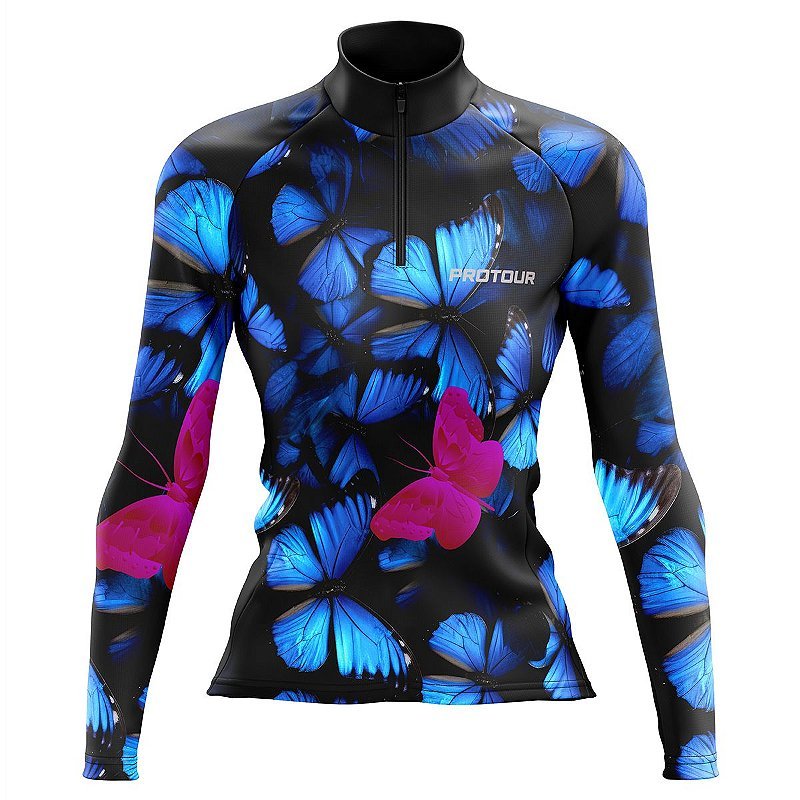 CAMISA CICLISMO FEMININA PRO TOUR BORBOLETAS COM BOLSOS UV