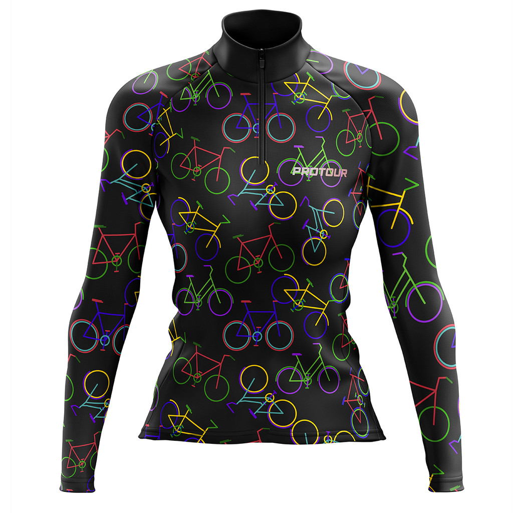 CAMISA CICLISMO FEMININA MANGA LONGA PRO TOUR BIKES COLORIDAS COM BOLSOS UV 50+