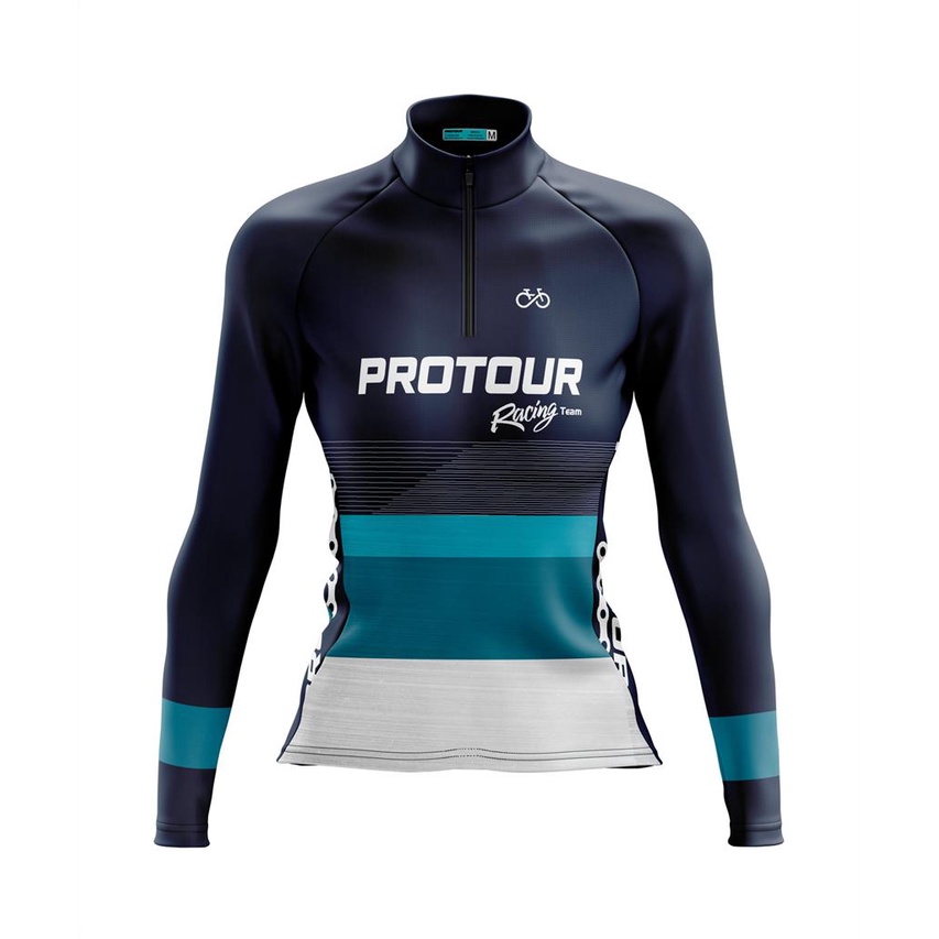 Camisa de Ciclismo Feminina Manga Longa Pro Tour Degrade Azul Marinho DryFit com Bolsos UV 50+