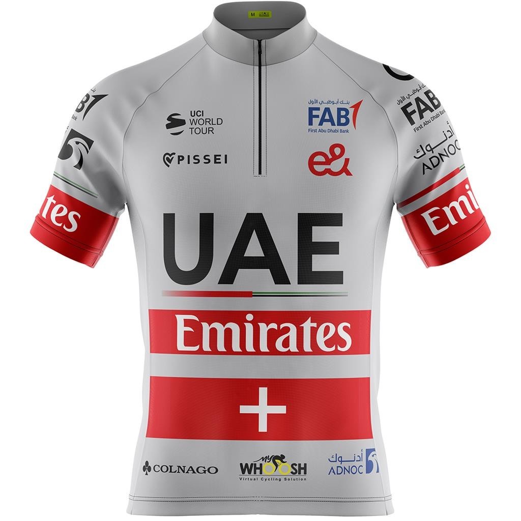 Camisa Camiseta Ciclismo Roupa de Ciclismo Ciclista Manga Curta Masculina Pro Tour UAE Suíça Cinza Com Bolsos UV 50+