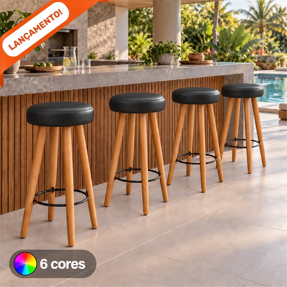 Kit Banquetas Alta de Madeira Gourmet Assento Estofado Corino Cozinha e Bar Aninha Poltronas
