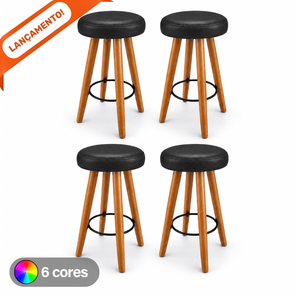 Kit 3 ou 4 Banquetas Alta de Madeira Gourmet com Assento Estofado Corino Cozinha e Bar Aninha Decor