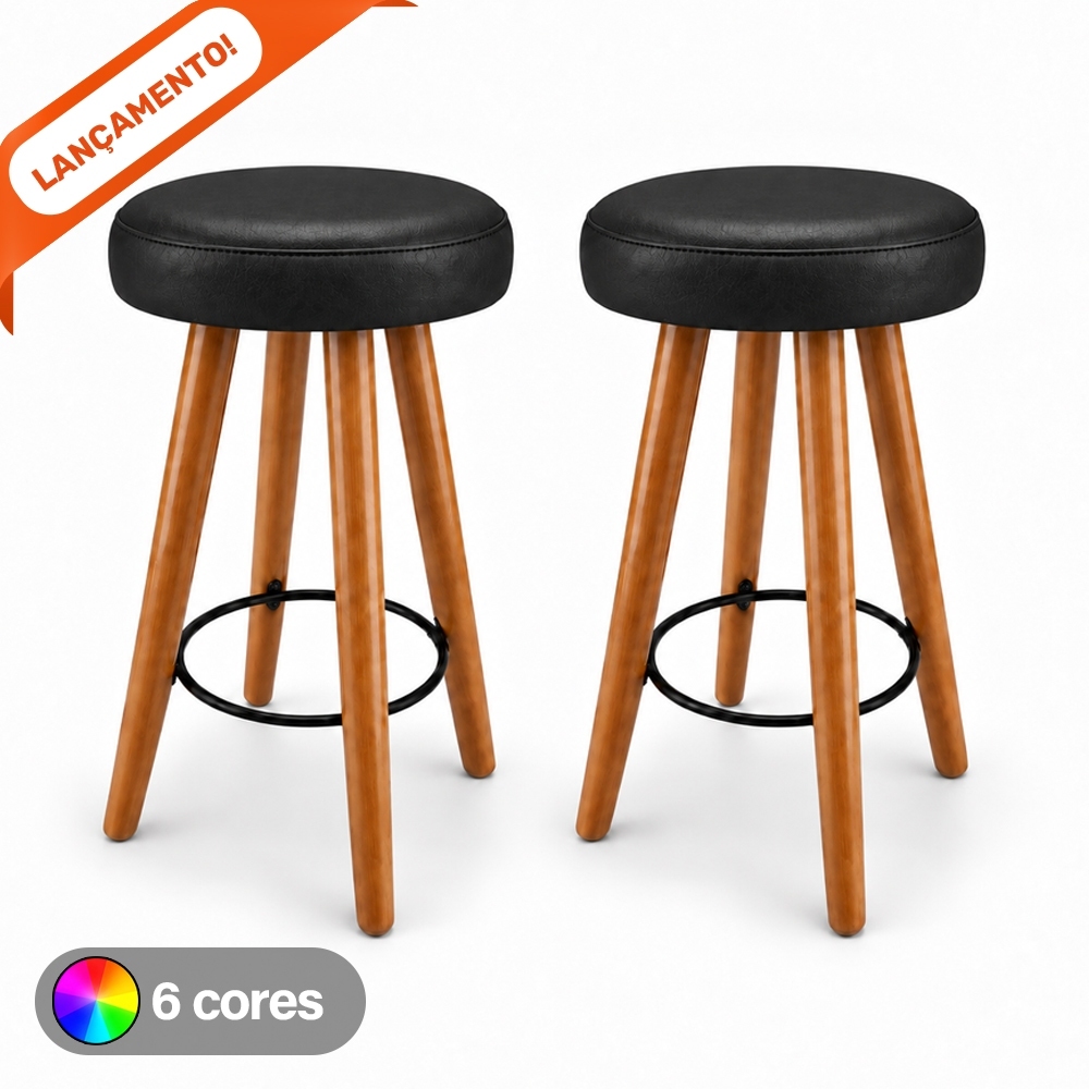 Banquetas Altas de Madeira Gourmet com Assento Estofado Corino para Cozinha e Bar Aninha Decor