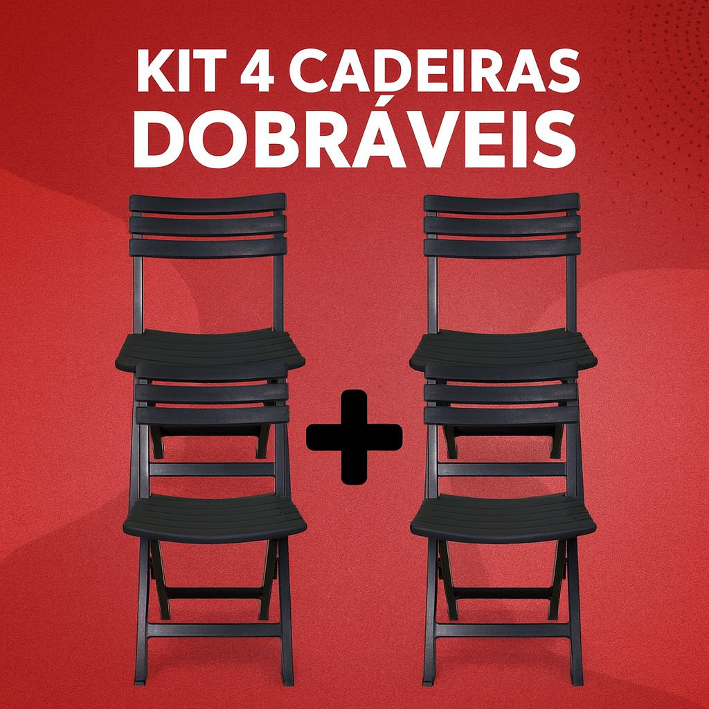 Kit 4 Cadeiras De Plástico Área Lazer Jardim Bar Preta Resistente Dobrável