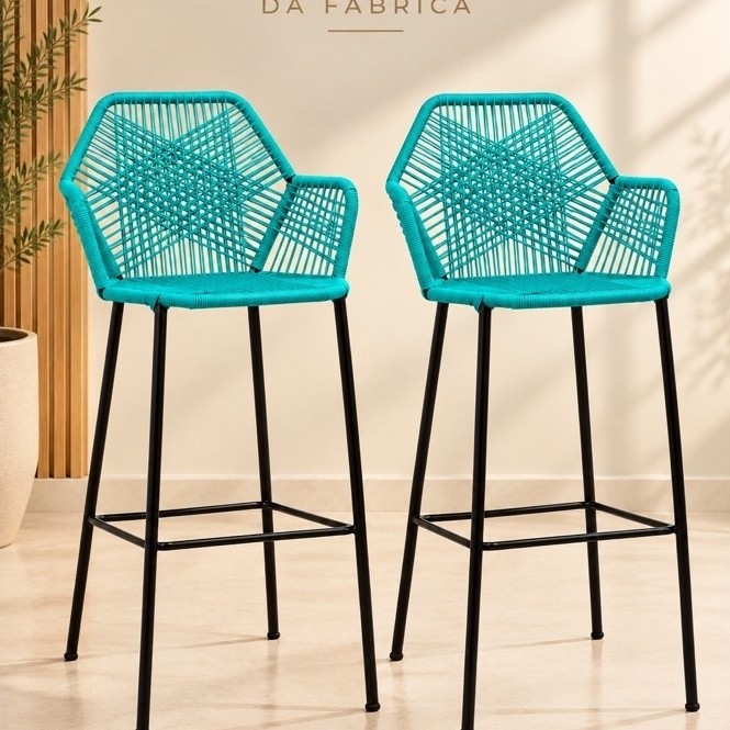 Banqueta Alta Para Balcão Fio Sintético Premium Bancada Área Gourmet Cozinha Bar Azul Claro