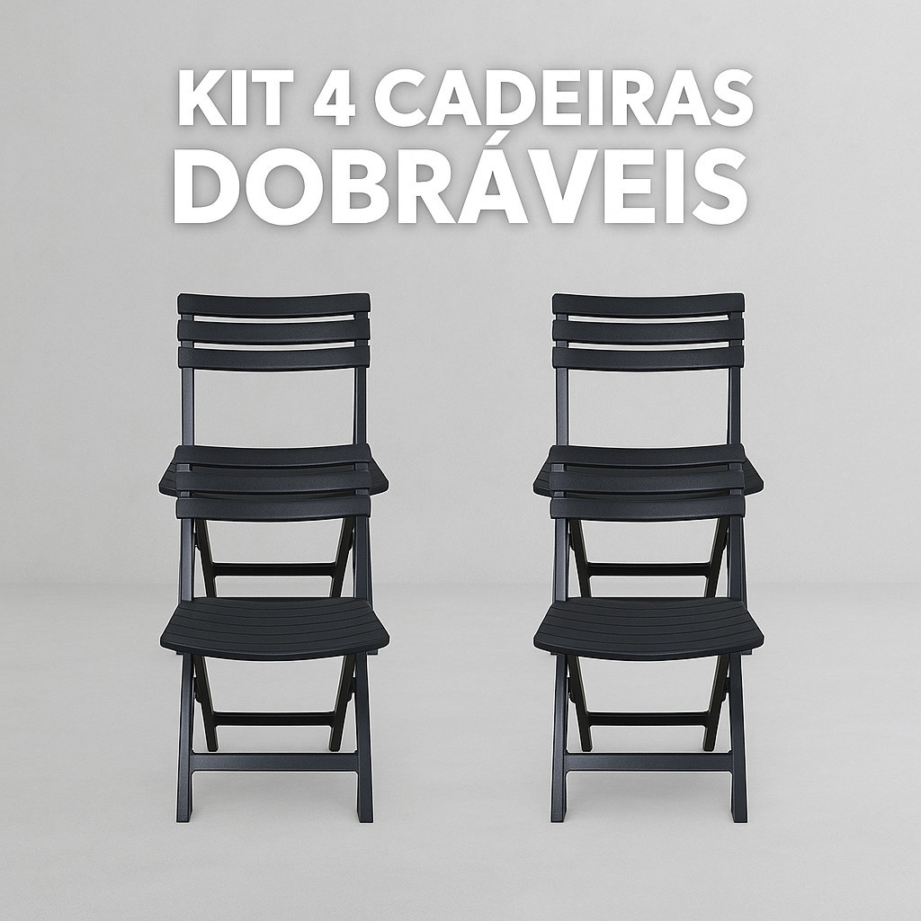 Kit 4 Cadeiras De Plástico Preta Resistente Dobrável Área Lazer Jardim Bar