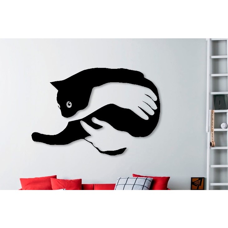 Quadro Decorativo em Plástico 30cm Cat in Arms - Arte Minimalista Moderna Exclusiva - Wall Art Geométrica 3D Preto Fosco c/ Fita Dupla Face