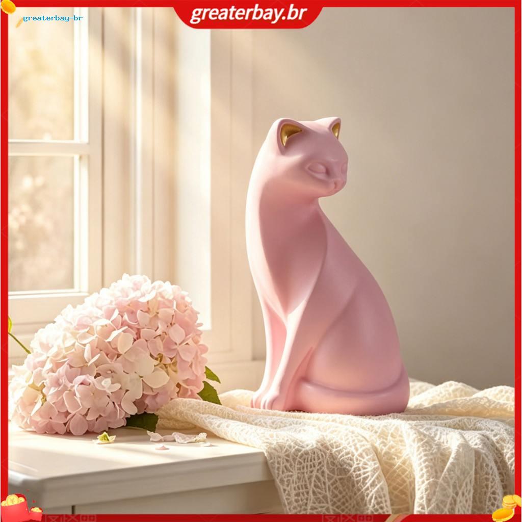 Minimalist Pink Cat Statue Resin Sculpture – Modern Small Animal Figurine for Home Living Room Office Shelf Decor Cute