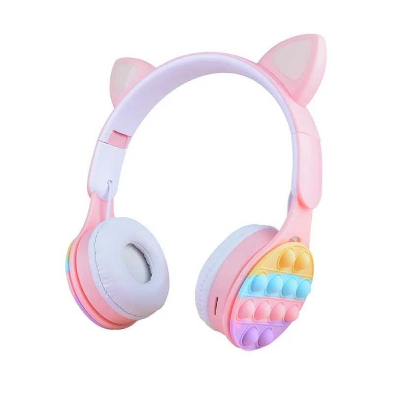Stress Relief Cat Ear BT Headphones RGB Light Over-Ear Headset Pop It Bubble TF Card Playback Deep Bass Stereo for Girls Gaming