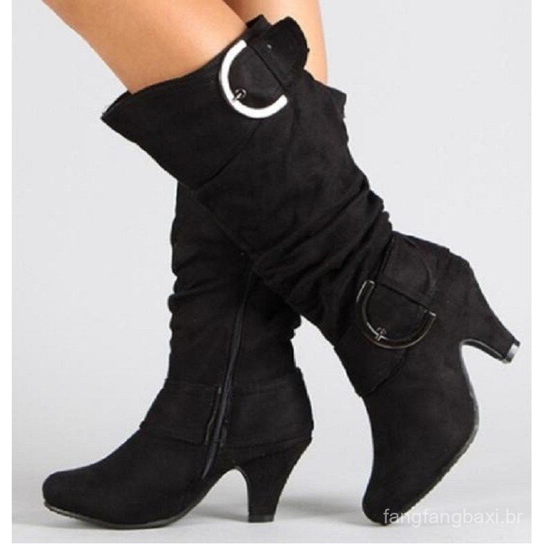Fivela plissada na altura do joelho botas femininas 2022 novo estilo outono inverno camurça Design confortável botas de