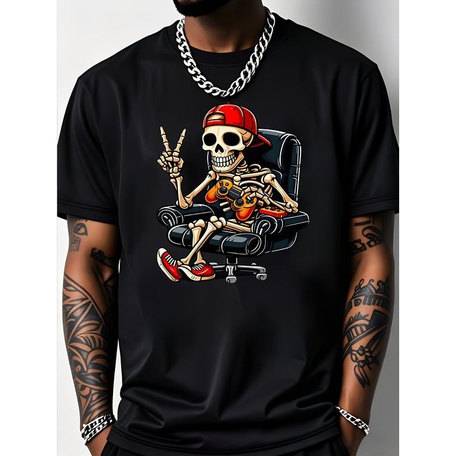 Camiseta Masculina Tema Gaming Retro Crânio Controle Sinal da Paz Suave Respirável Casual