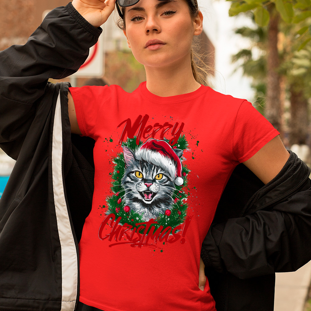 Camisa Camiseta Basica de natal merry christmas cat vintage em algodao Unissex retro