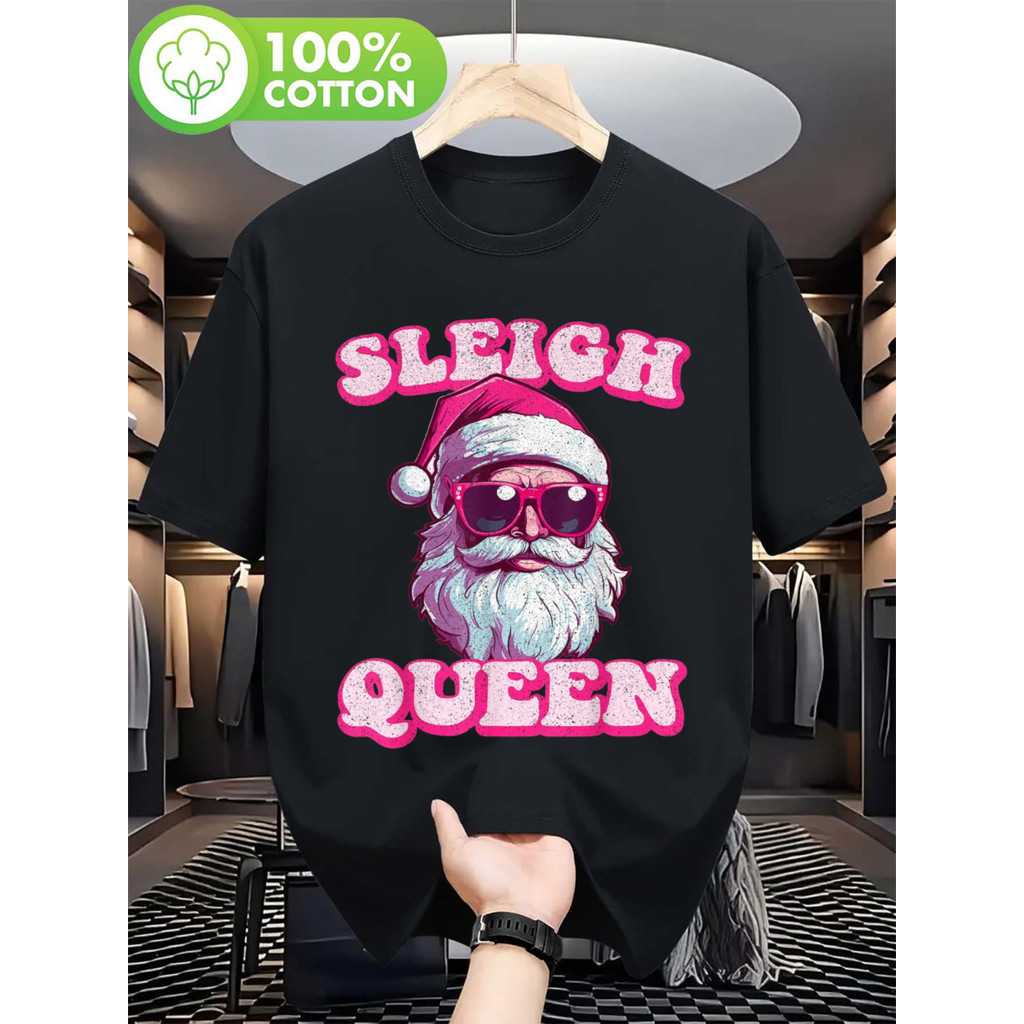 Camiseta Linda Camiseta Christmas Santa Sleigh Queen Rena Retro Rosa Divertida Festiva Confortável Casual Algodão 30.1 E