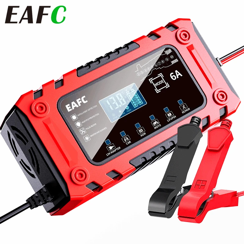 Eafc Carregador De Bateria De Carro 12v 6a 10 Estágios De Carregamento Tela Grande Para Automóvel Suv Motocicleta Barco
