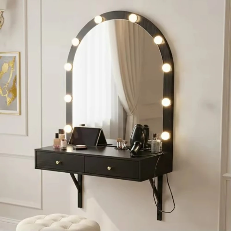 Modern floating floor installation solid wood makeup dressing table LED mirror 3-color light power outlet USB charging