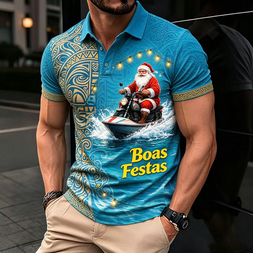 Polo Masculino De Manga Curta , Conforto Respirável , Feliz Natal , Praia Surf Santa & City Xmas Light Scenic Print