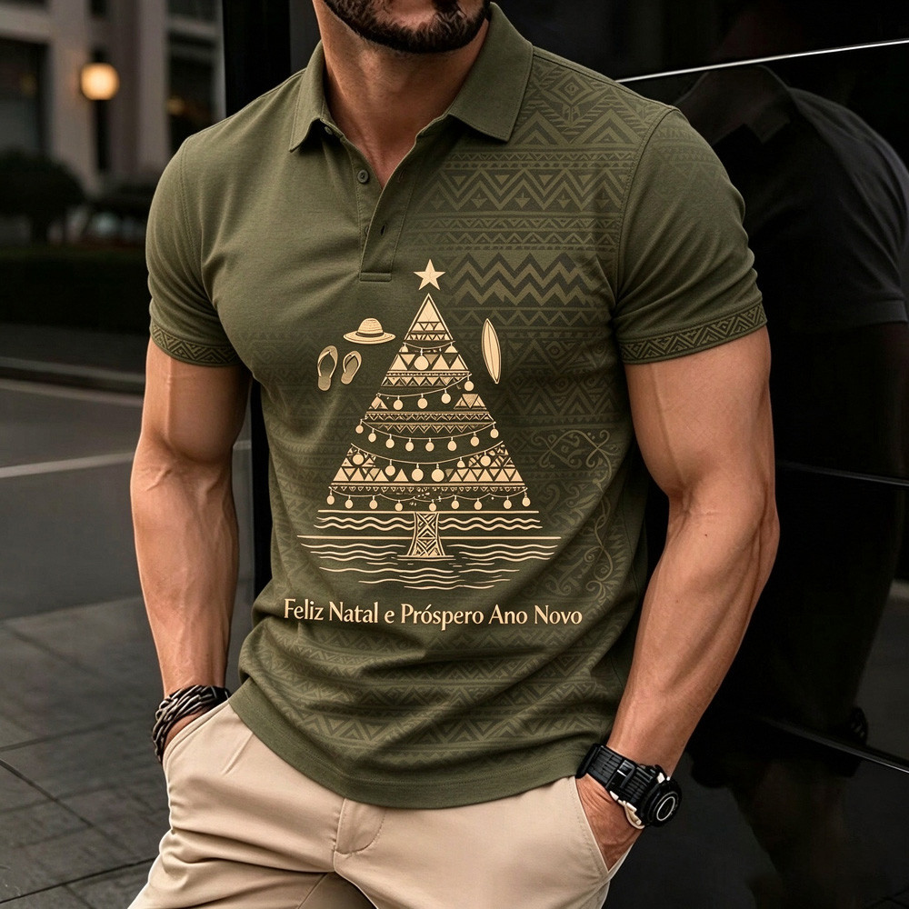 Polo Masculino De Manga Curta , Conforto Respirável , Feliz Natal , Praia Surf Santa & City Xmas Light Scenic Print 2
