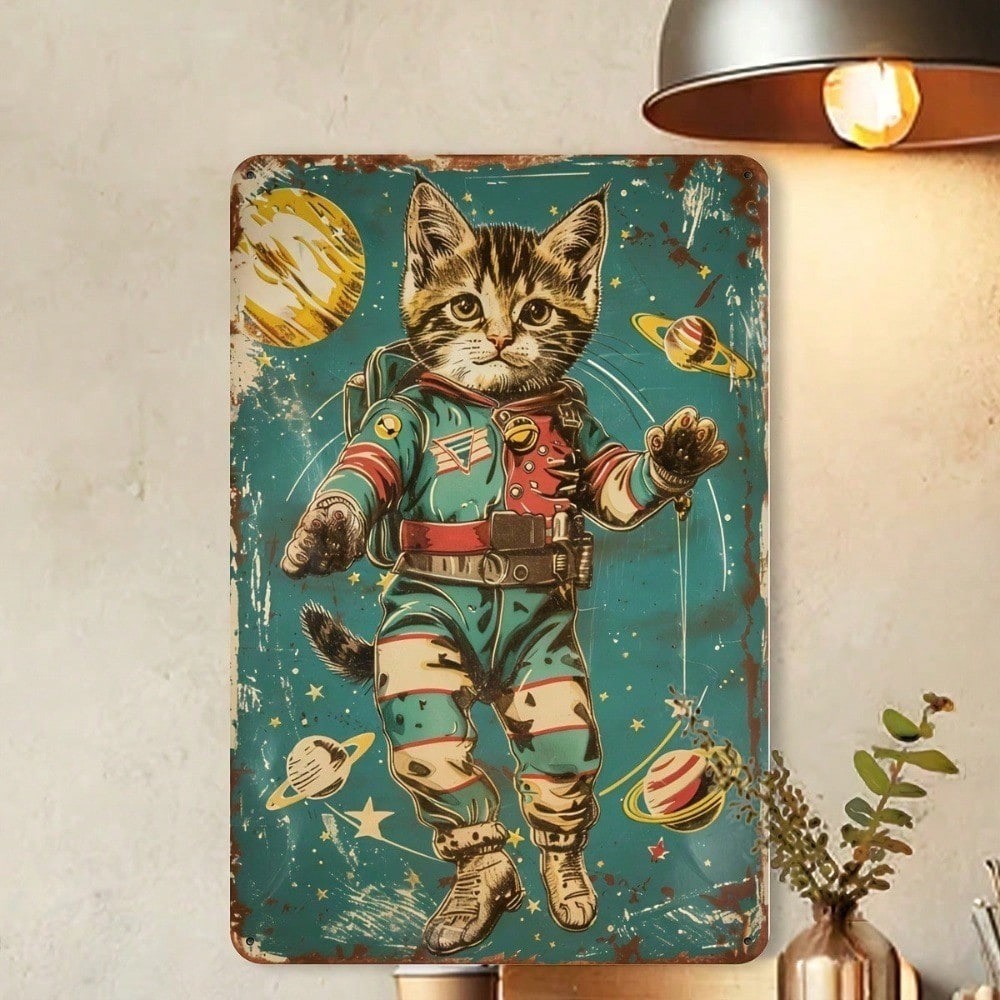 CIFbuy Vintage Cat Space Pijama Metal Tin Sign Astronauta Gato Decoração De Parede