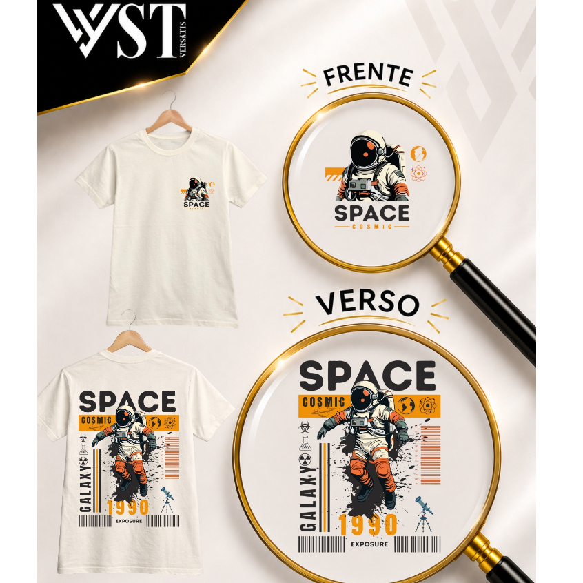 CAMISETA UNISSEX MASC FEM ESTAMPADA SPACE ASTRONAUTA VINTAGE 100% ALGODÃO FIO 30.1 200G PREMIUM VST