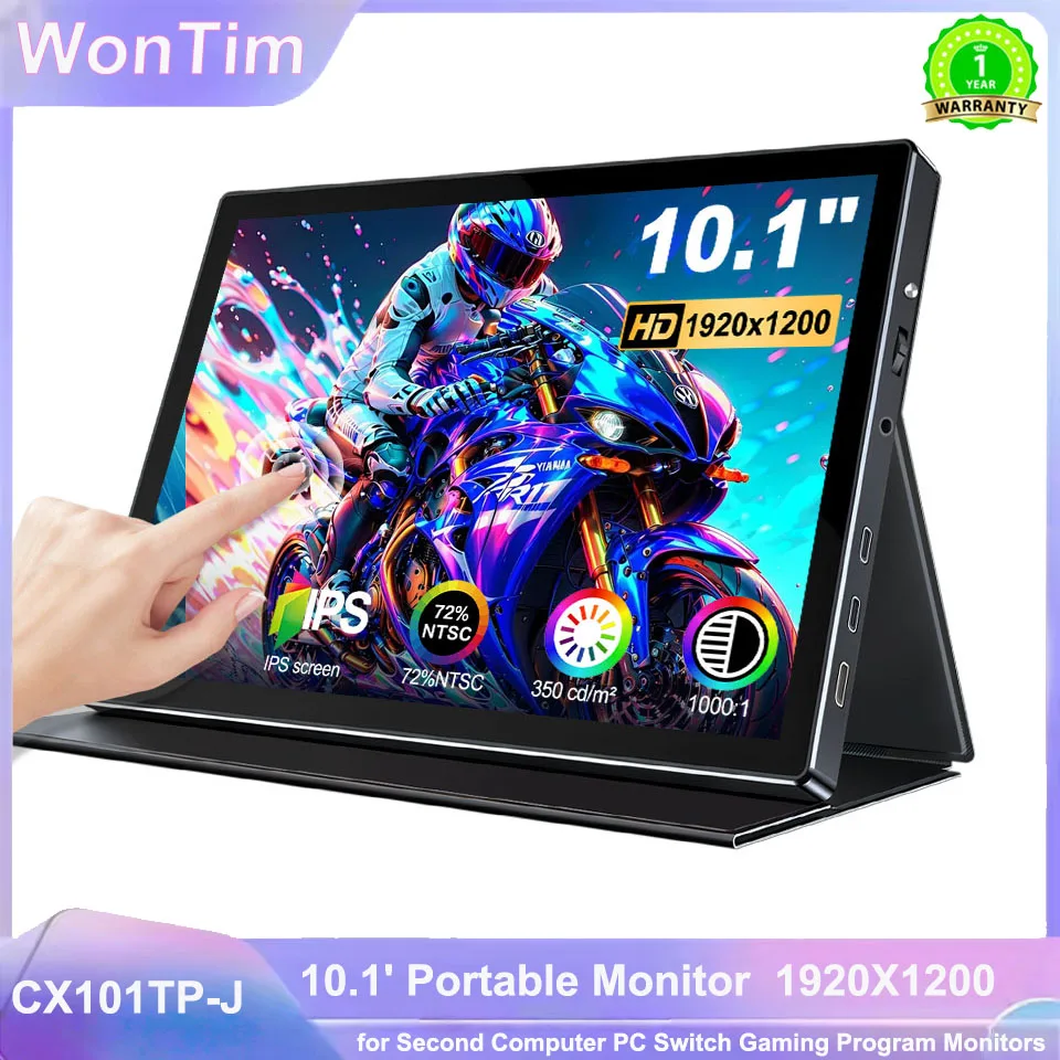 WonTim 10” Touchscreen Computer IPS 100%sRGB Display With Stand Portable Monitor For LaptopXBox Switch PS5 Gaming Extend Screen
