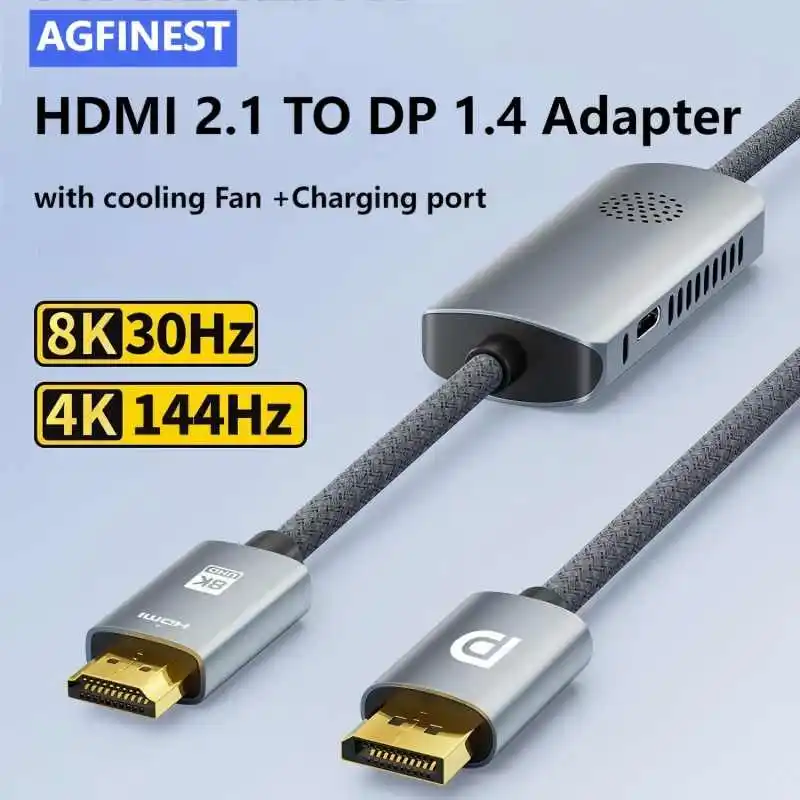 HDMI to DP Cable Adapter 8K with Cooling Fan 5V Charging supply 8K30Hz HDMI 2.1 to Displayport Converter for PC Monitor PS5 HDTV
