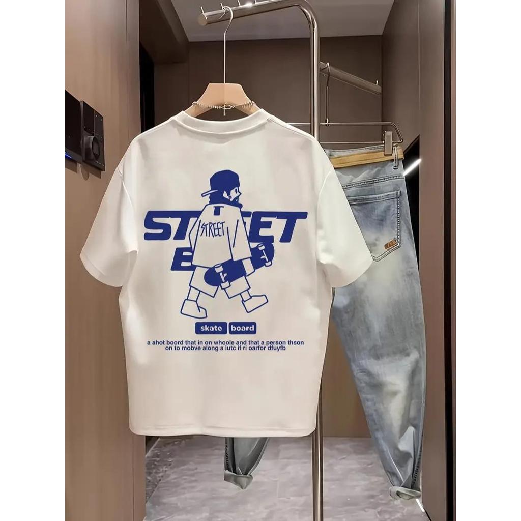Camiseta Masculina Streetwear Algodão Penteado Infantil Adulto Plus Size Estampa Skate Board Street Moda Azul