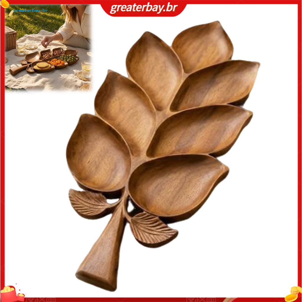 Wooden Leaf Serving Tray with 7 Compartments – Rustic Snack Platter for Dry Fruits Charcuterie Party Coffee Table Cent