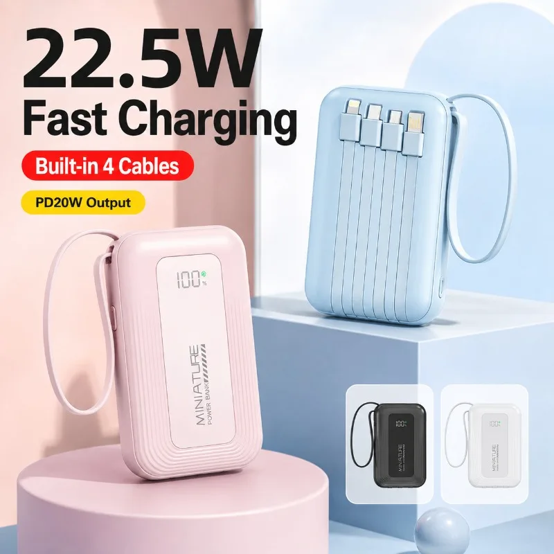 20000mAh Power Bank Fast Charging Portable Charger with Built-in Cable Slim Battery Pack for iPhone Android Travel