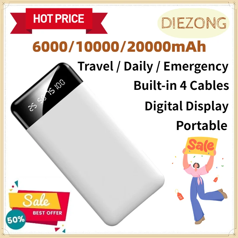 20000mAh Power Bank with Built-in 4 Cables Digital Display Portable External Battery 10000mAh 6000mAh High Capacity Travel