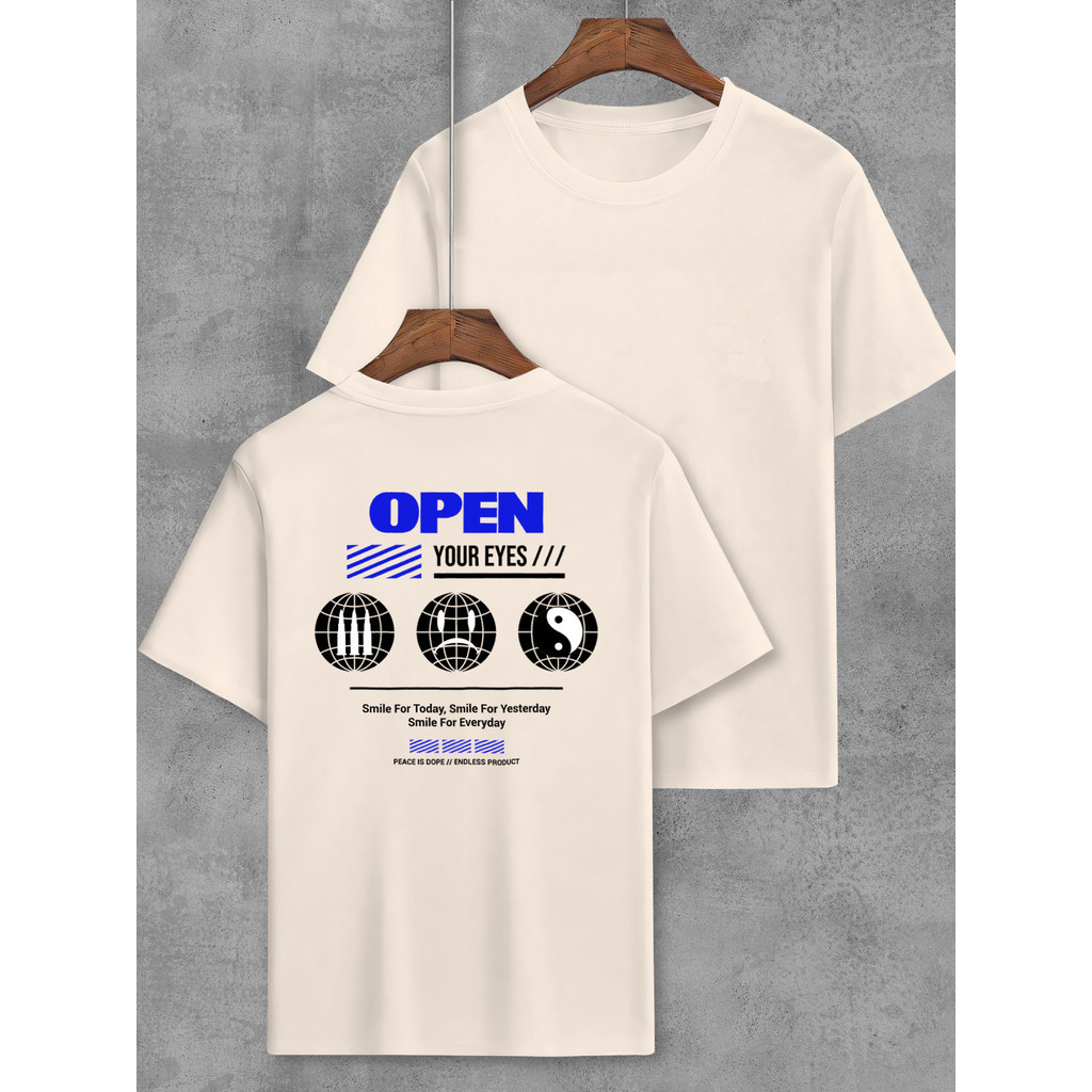 Camiseta Street Open Your Eyes Style Estampa Nas Costas Lisa Tecido Algodão
