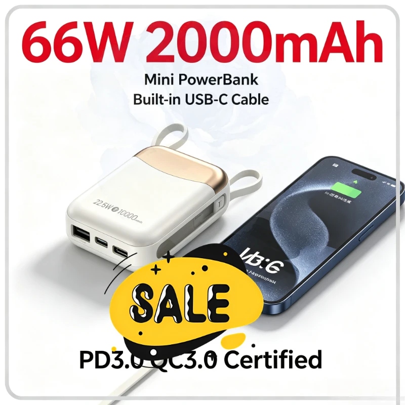 66W Super Fast Charging 20000mAh Mini Power Bank Built‑in USB‑C Cable PD3.0/QC3.0 Certified CCC Portable Charger Travel‑Friendly
