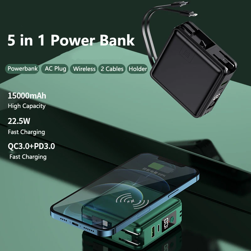 5 in 1 Wireless Power Bank 15000mAh Travel Wall Charger 22.5W Fast Charging Powerbank for iPhone 16 Samsung S25 Xiaomi Poverbank