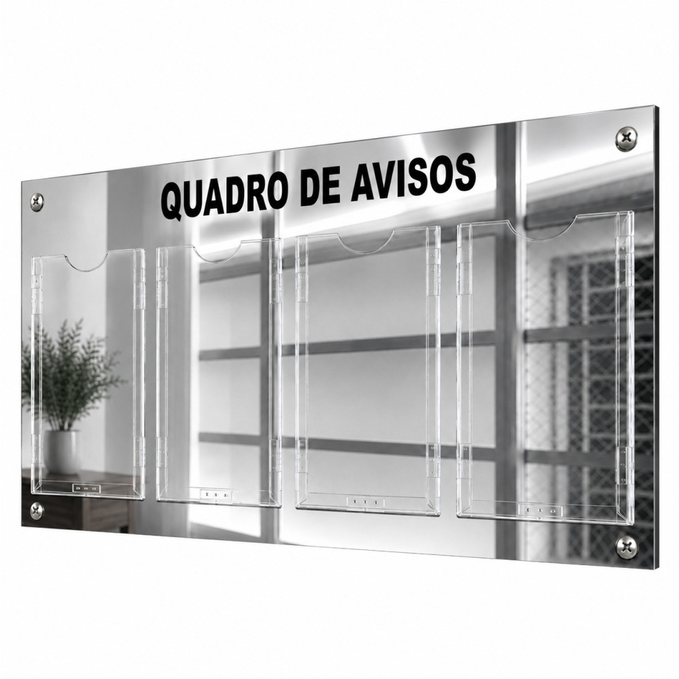 Quadro Avisos e Gestão 4 Display A4 ACM Prata Espelhado