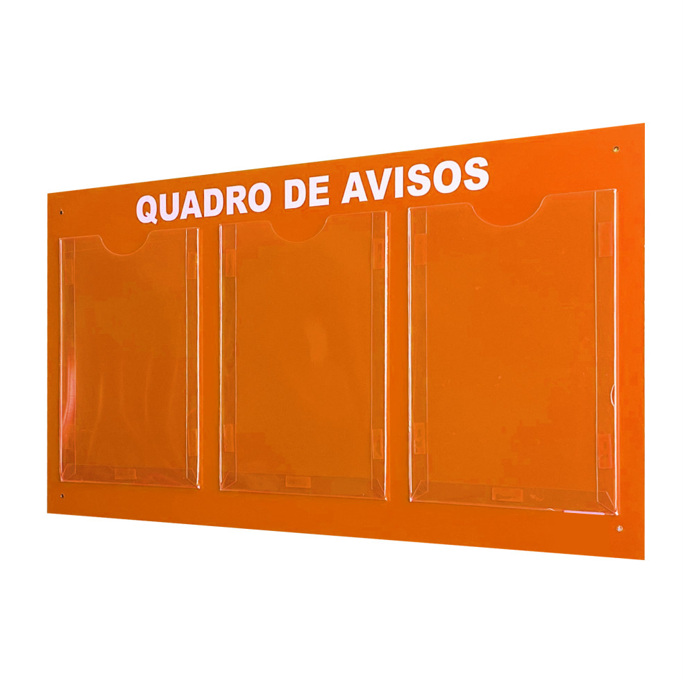Quadro Aviso Gestão Á Vista  Painel Informativo Mural Recados Parede 3 Displays A4 ACM Laranja