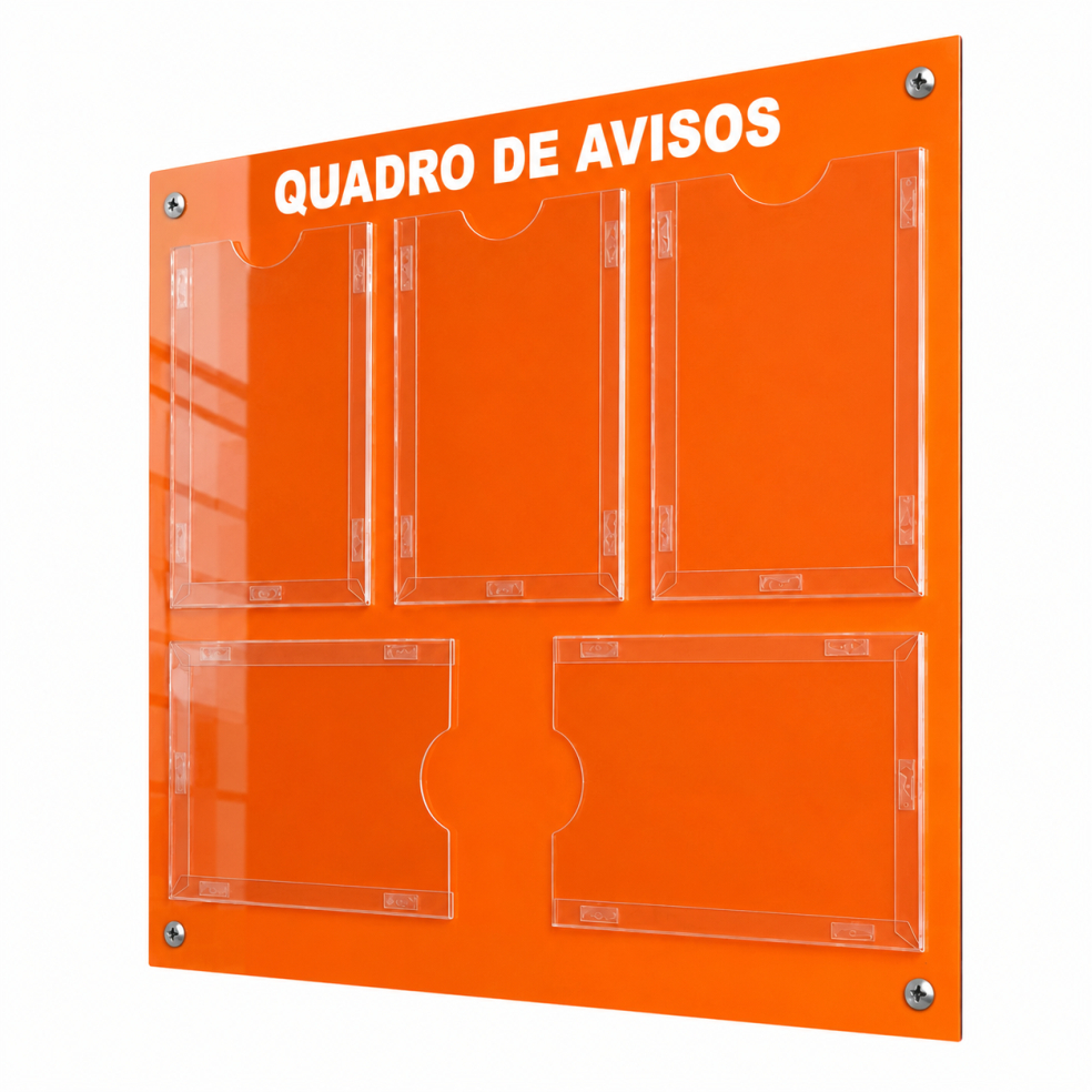 Quadro Aviso Gestão Á Vista Painel Mural RH SST 5 Displays A4 ACM Laranja Porta Folhas Organização