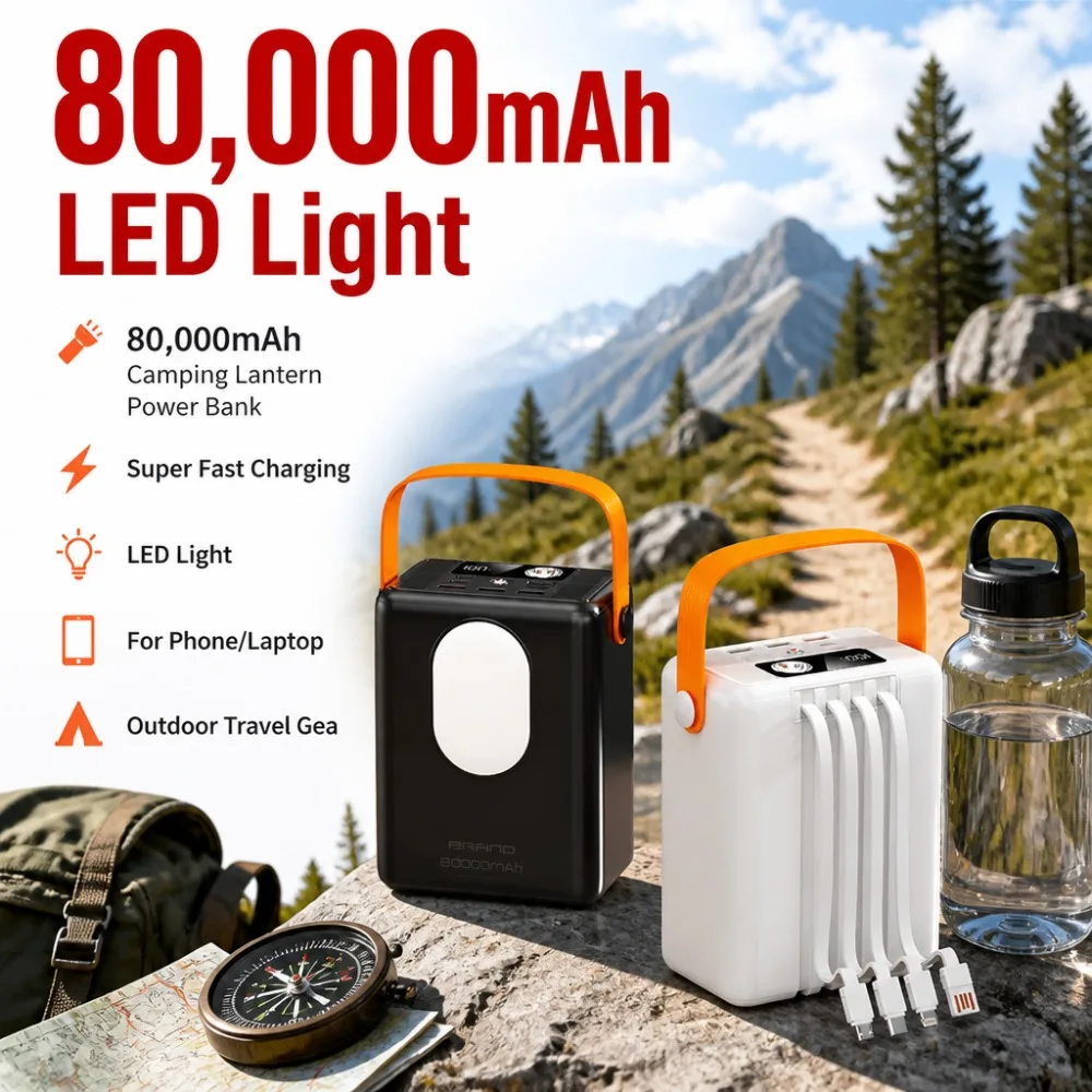 80000mAh Camping Lantern Power Bank, Super Fast Charging LED Light Emergency Backup Battery for Phone/Laptop Outdoor Travel Gear