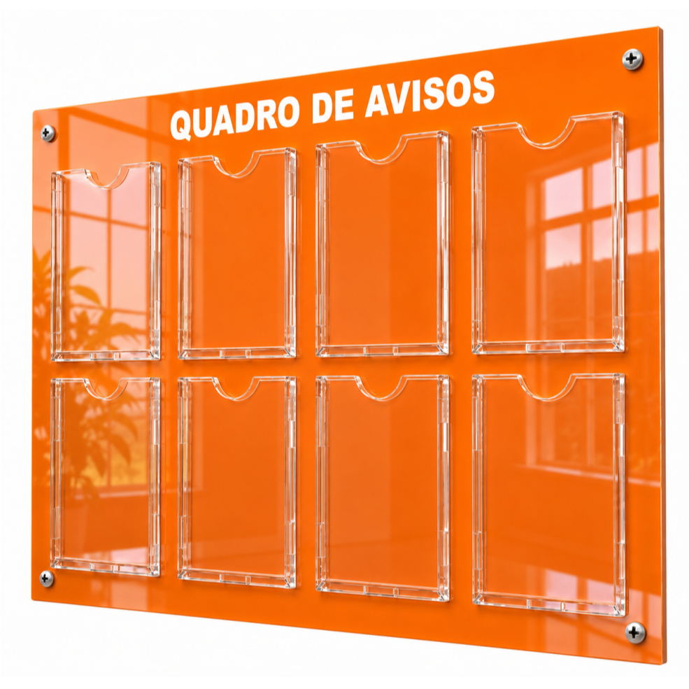 Quadro Avisos Gestão Á Vista 8 Displays Painel Mural Organização Folhas A4 ACM Resistente Laranja