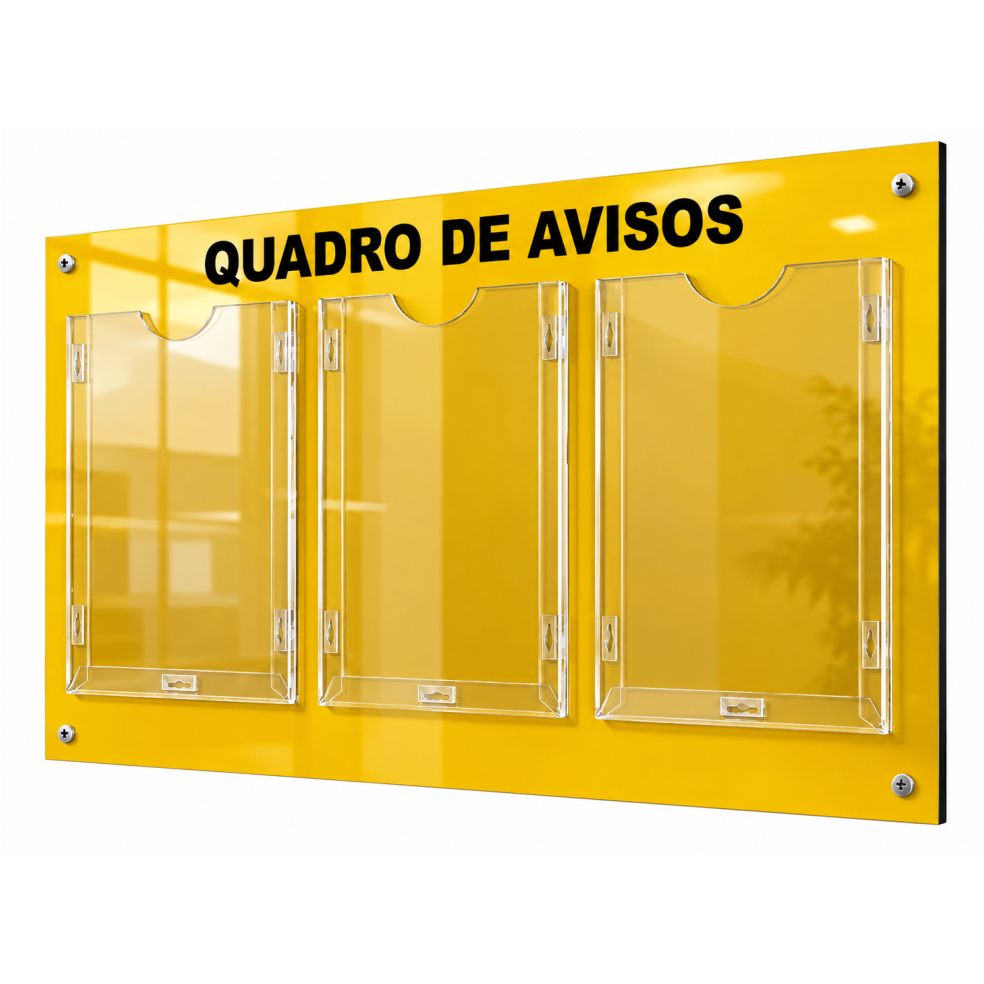 Quadro Avisos Gestão Á Vista Painel Informativo Mural Recados 3 Displays Porta Folhas A4 ACM Amarelo
