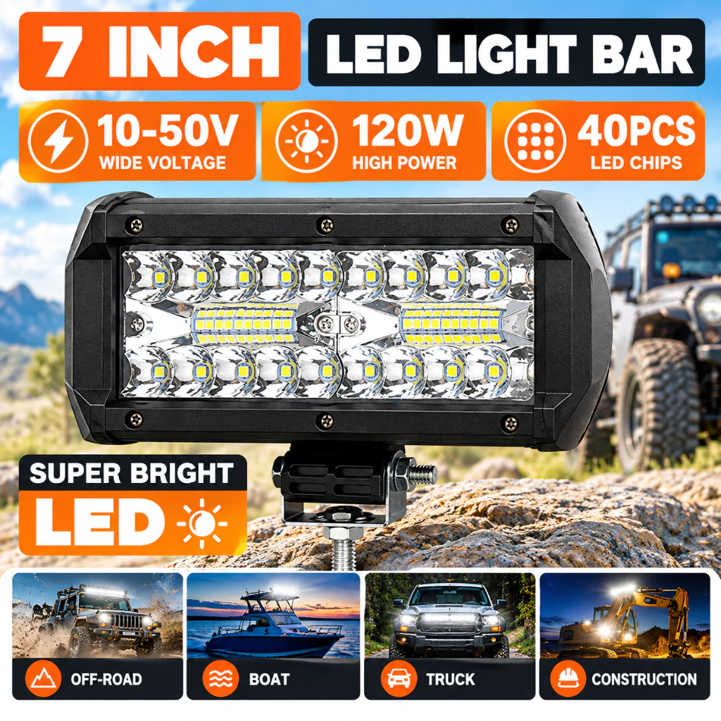 Farol De Barra Alto Potencia 40 LED 120w 12-60V 17cm IP65 Branco Frio Off Road Moto Carro Caminhão SUV
