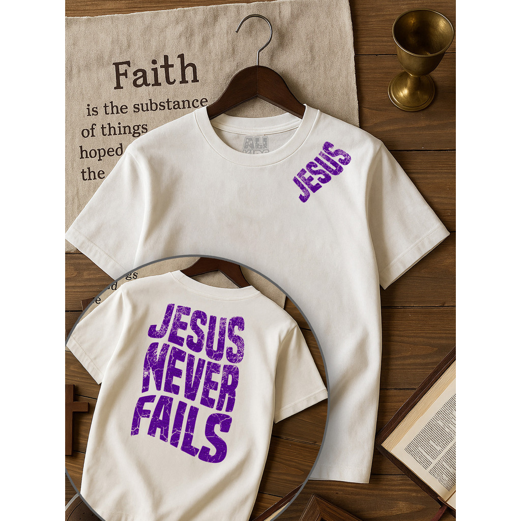 Blusa Infantil Gospel Jesus Never Fails Camiseta Cristã Moderna 100% Algodão Confortável