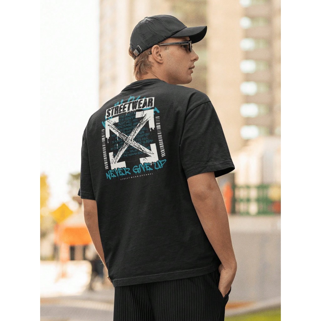 Camisa Camiseta Oversized Gola Alta Streetwear Masculino e Feminino 100% Algodão Preto e Off Whte - NEVER GIVE UP