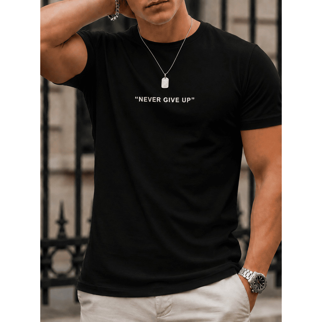 Camisa Masculina Básica Never Giver Up Camiseta Algodão Malha Premium 30.1