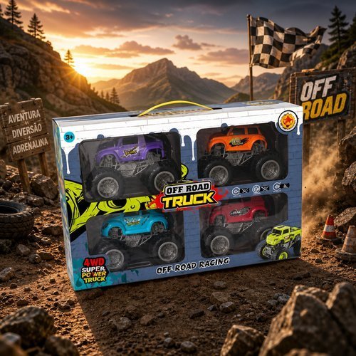 Maleta Kit 4 Carrinhos Monster Truck Infantil Caminhão Off Road Brinquedo Criança Menino Veículos