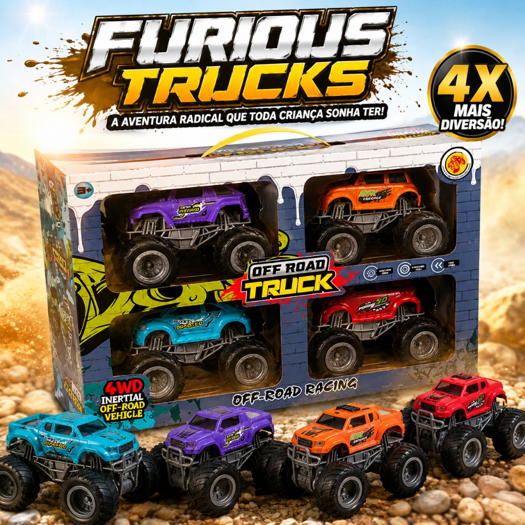 Kit Maleta Carrinhos Monster Truck Brinquedo Infantil Veículos Off Road 4 Unidades Criança Presente