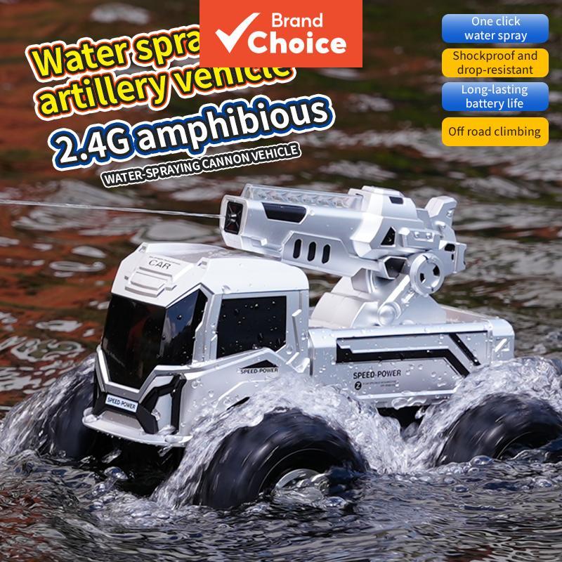 Carro anfíbio 2.4G RC 4WD Monster Truck off-road, brinquedo de controle remoto com disparo de água e luz LED, veículo à