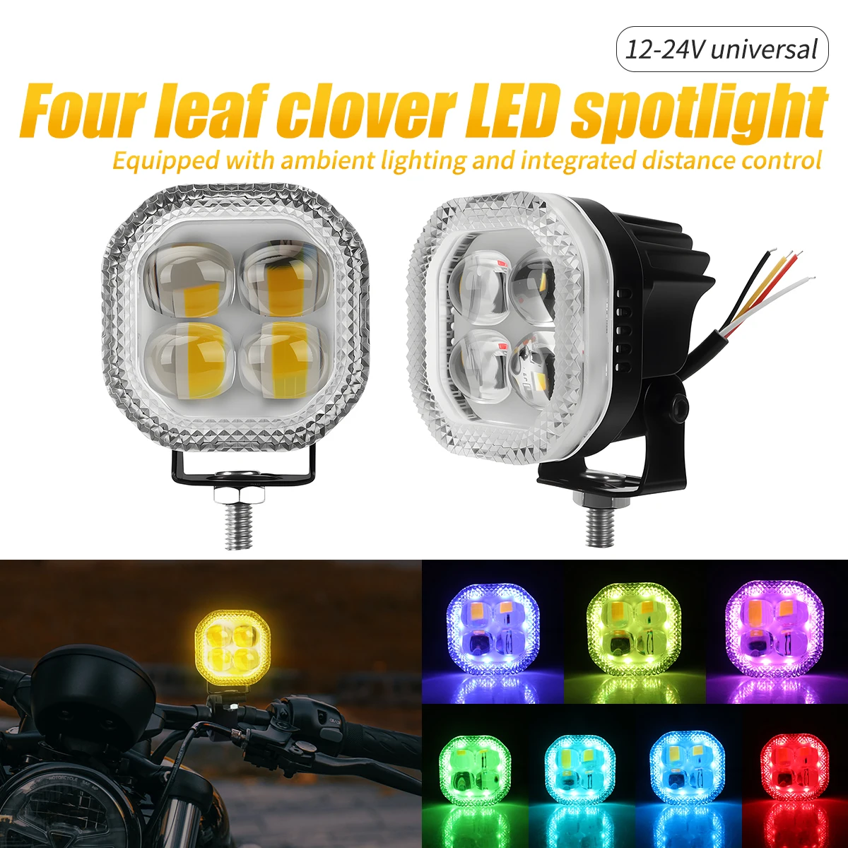 1/2PCS Motorcycle LED Spotlight 12-24V Adjustable Headlight Hi/Lo Beam Light 3570 Chip Fog Light for Car Truck RGB White Yellow